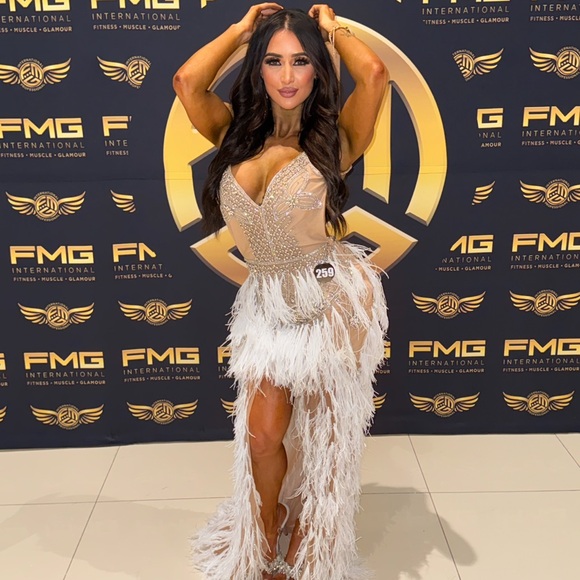 Portia and Scarlett Beige Feathered Backless Dress